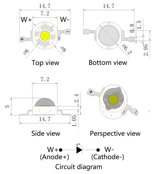 2PIN 고출력 백색/따뜻한 백색 LED